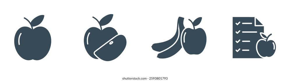 Healthy Food Apple, Banana, and Diet Plan Solid Icon set. Vector illustration of Nutrition and Wellness
