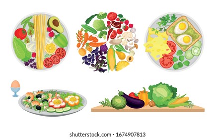 Healthy Food Arranged in Circle and Greengroceries Rested on Cutting Board Vector Set