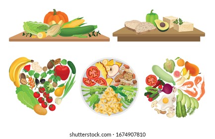 Healthy Food Arranged in Circle and Heart Shapes and Cutting Board with Greengrocery Products on It Vector Set