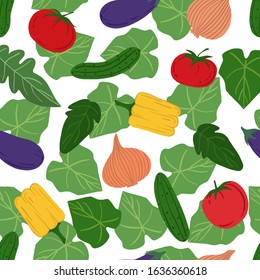 Healthy food backdrop.  Hand drawn vegetables seamless pattern. Design for fabric, textile print, wrapping paper. Textile ornament. Vector illustration