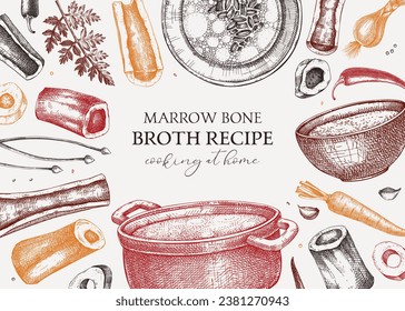 Healthy food background in color. Marrow bone broth banner. Hot soup on plates, pans, bowls, organ meat, vegetables, marrow bones sketches. Hand drawn vector illustrations. Homemade food ingredient