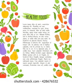 Healthy food background fresh vegetable and fruit vector illustration. Vegetarian menu elements. Natural food concept.