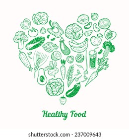 Healthy Food Background. Hand Drawn Elements Set In The Shape Of Heart