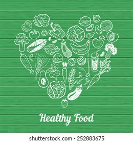 Healthy Food Background. Hand drawn fruits, vegetables and nuts in the shape of heart