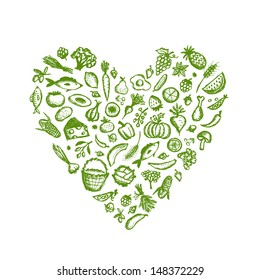 Healthy food background, heart shape sketch for your design