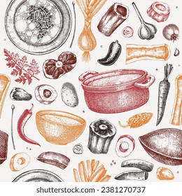 Healthy food background. Marrow bone broth, hot soup served on plates, pans, bowls, vegetables, organ meat, marrow bones sketches. Hand drawn vector illustrations. Homemade food seamless pattern