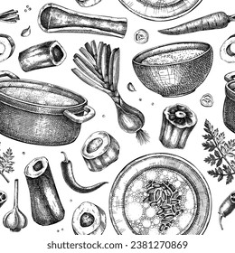 Healthy food background. Marrow bone broth, hot soup served on plates, pans, bowls, vegetables, organ meat, marrow bones sketches. Hand drawn vector illustrations. Homemade food seamless pattern