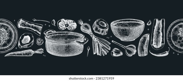 Experiencia en alimentos sanos. Borde de caldo de hueso de médula. Sopa caliente en platos, sartenes, tazones, carne de órgano, verduras, bocetos de huesos de médula. Ilustraciones vectoriales dibujadas a mano. Patrón de alimentos sin soldadura casero