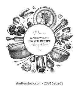 Healthy food background. Marrow bone broth wreath. Hot soup on plates, pans, bowls, organ meat, vegetables, marrow bones sketches. Hand drawn vector illustrations. Homemade food ingredient