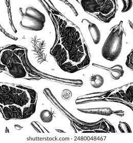 Gesunder Lebensmittelhintergrund. Nahtloses Muster aus Fleisch und Gemüse. Tomahawk Steak Vektorgrafik Sketche. Handgezeichnete Food Illustration. KEINE KI generiert