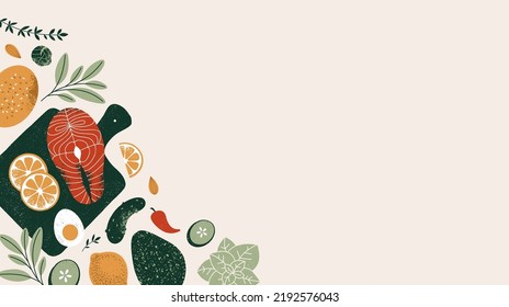 Healthy food background. Salmon on the cutting board with the vegetables. Vector illustration.