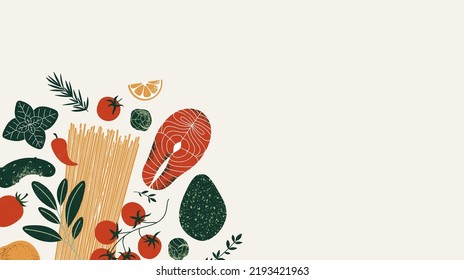 Healthy food background. Salmon with spaghetti and avocado. Food ingredients. Vector illustration