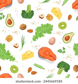 Healthy food background. Seamless pattern with organic diet meal. Vector cartoon illustration.