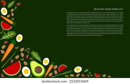 Modelo de fundo alimentar saudável. Ilustração vetorial. Design de alimentos orgânicos e frescos. Banner da Web. Design com frutas e vegetais.
