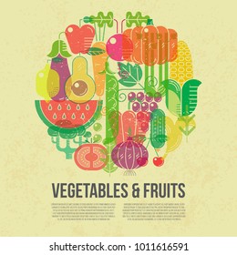 Healthy food, background with vegetables and fruits. Illustration with text area. Texture and trasparent effect. Colored picture, design for banners,flayers, brochures, advertising, covers,posters.