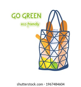 Healthy food bag shopping milk, bread and fruits. Vector illustration of eco friendly bag. Go green concept.