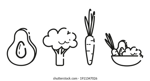 Healthy food, balanced diet. A bowl of green vegetables and rice. Carrots, broccoli, carrots, cut avocado. Thin line icons for web, applications and design. Minimalistic flat style. Set.	