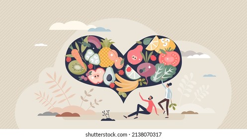 Healthy food and balanced eating with vitamin nutrition tiny person concept. Vegetarian and vegan daily lunch for heart health and body wellness vector illustration. Ecological and bio ingredients.