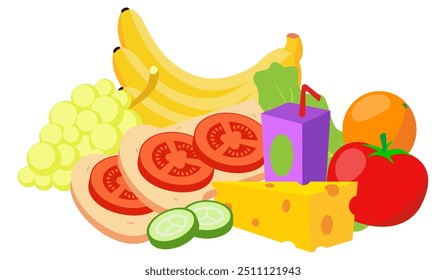 Healthy food. Banana, grape, tomato, juice, cucumber, whole wheat bread, orange, lettuce, cheese, fruit, vegetables, diet, proper nutrition, fat, protein, carbohydrates, lifestyle, healthcare, fitness