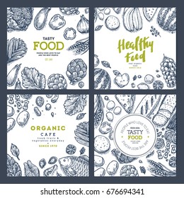 Healthy food banner collection. Good nutrition backgrounds. Linear graphic. Hero image. Vector illustration