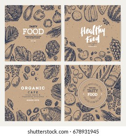 Healthy food banner collection. Good nutrition backgrounds. Linear graphic. Hero image. Vector illustration