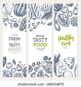 Healthy food banner collection. Good nutrition backgrounds. Linear graphic. Hero image. Vector illustration