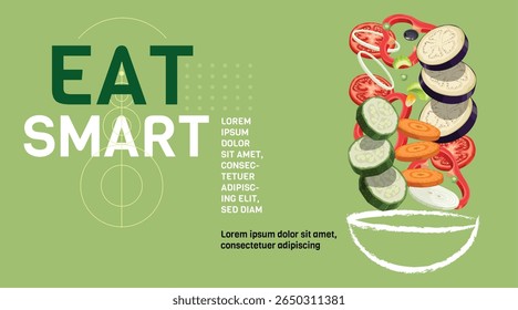 Healthy food banner design template. Eat smart sign. Salad and vegetable ingredients falling to the bowl. Vector illustration.