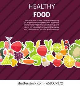 Healthy food banner with fruits and vegetables vector illustration on purple background. Yummy berries, vegetarian meal and ripe organic citruses