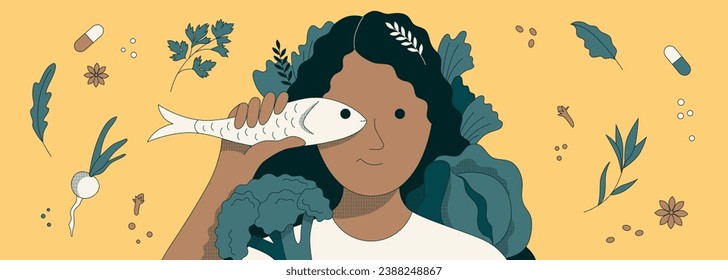 Healthy food banner. Nutrition with proteins, fats and carbohydrates. A woman is holding a fish and there are vegetables around, rich in vitamins and fiber. Vector horizontal concept illustration.