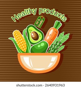 Healthy food banner plate with vegetables corn avocado carrot asparagus on dark background Healthy vegetables