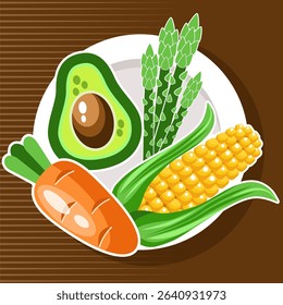 Healthy food banner plate with vegetables corn avocado carrot asparagus on dark background Healthy vegetables