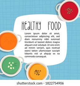 Healthy food banner, recipe template, restaurant menu design. Various cream soups in ceramic bowls on tartan blue tablecloth such as carrot, pumpkin, broccoli or spinach with tofu, gazpacho.