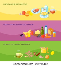 Healthy food banner set with nutrition and diet for cold eating during cold season natural flu remedies isolated vector illustration