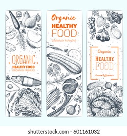 Healthy food banner set. Vegetables, fruits, meat, fish hand drawn. Organic food set, vector illustration. Engraved style