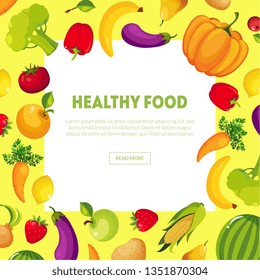 Healthy Food Banner with Space for Text, Fresh Vegetables and Fruits Vector Illustration