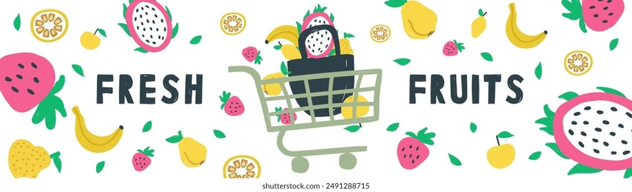 healthy food banner with the text fresh fruits, basket and fruit. naive art style. flat vector style banner. natural vitamin food.