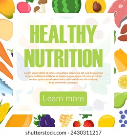 Healthy food banner vector isolated. Proper nutrition concept. Veggies and fruits, fish and meat. Berries, red pepper, broccoli and other products. Eat healthy.