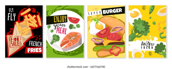 Healthy food banners in cartoon flat style . Proteins, fats, carbohydrates. Food products collection. French fries, salmon steak, Burger, broccoli, vegetables. Vector