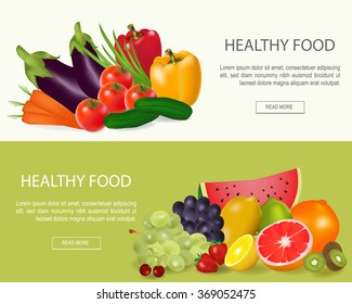 Healthy Food  Banners Set.Fresh Fruit And Vegetable.Vector Illustration With Vegetable And Fruit