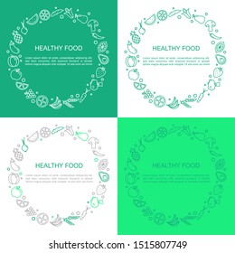 Healthy food banners. Wreath with vegetables and fruits. Organic shop logo and banner. Outline style.