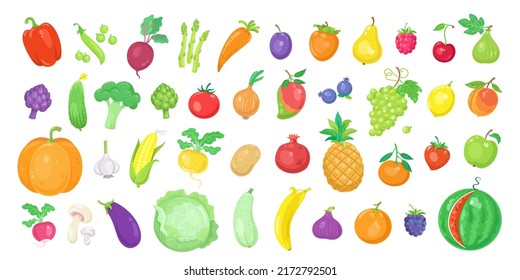 Healthy food. Big set of fruits and vegetables. Icons in cartoon style. Isolated on white background. Vector flat illustration.