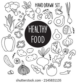 Healthy food. Big set of linear vector vegetables. Root vegetables and mushrooms, avocado and olives, tomato and corn, onion and garlic, cucumber and lemon. Isolated hand drawn doodles for design.