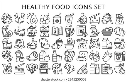 Healthy food black outline icons pack, contain fruit, vegetable, food, meal, salmon, meat, milk and more. use for modern concept, UI or UX kit, web and app. vector EPS 10 ready convert to SVG. svg
