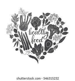 Healthy food. Black and white vector illustration of heart shape. Vegetables, spices and culinary herbs.