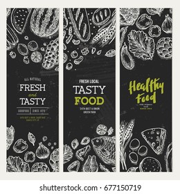 Healthy food blackboard banner collection. Good nutrition backgrounds. Linear graphic. Hero image. Vector illustration