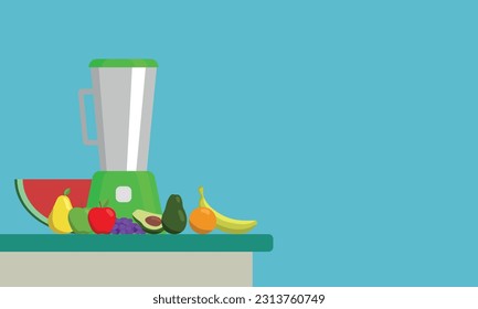 healthy food and blender on a table, healthy snack prep, fruit shake