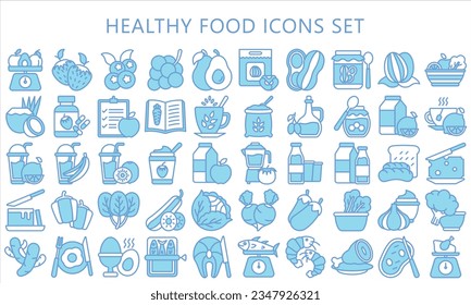 Healthy food blue color icons pack, contain fruit, vegetable, food, meal, salmon, meat, milk and more. use for modern concept, UI or UX kit, web and app. vector EPS 10 ready convert to SVG. svg