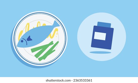 Healthy food with bottle of medicine with white blue background 