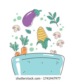 healthy food bowl with eggplant corn carrots and mushroom nutrition diet organic vector illustration
