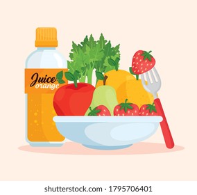 healthy food, bowl with fruits and bottle juice vector illustration design